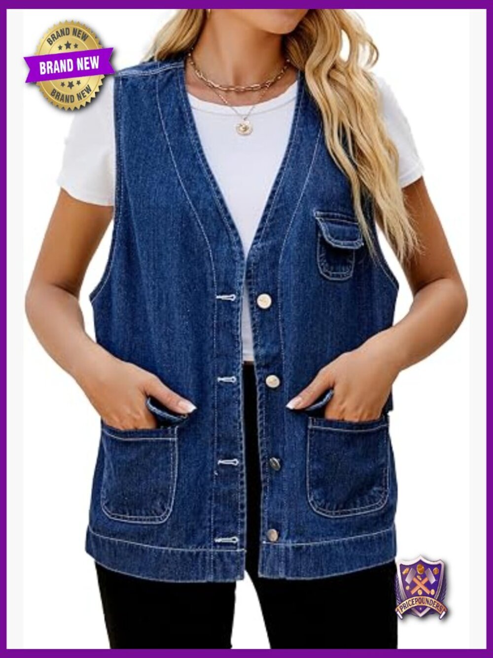 Oversized Denim Vest - Sleeveless Distressed Jean Vest with Pockets
